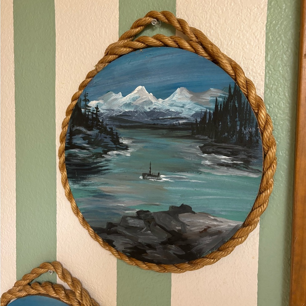 Original Painting Fisherman Boat Nautical Mountain Theme Art Artist Signed